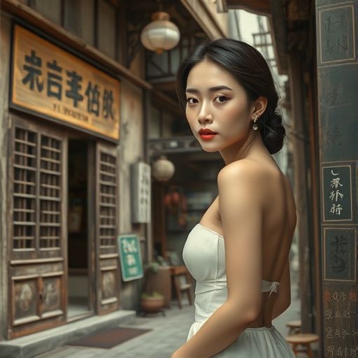 老广州街巷中的茶肆，青砖墙与木门散发古韵