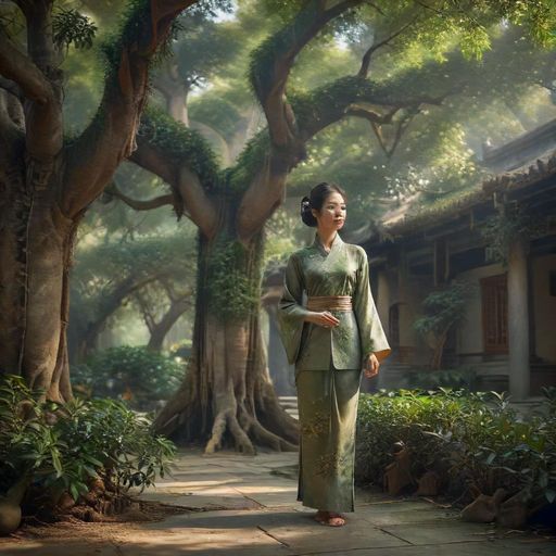 茶肆庭院的老榕树与小鱼池，充满自然气息