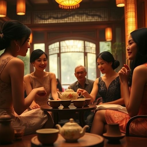 茶会上的宾客交流，氛围轻松愉悦
