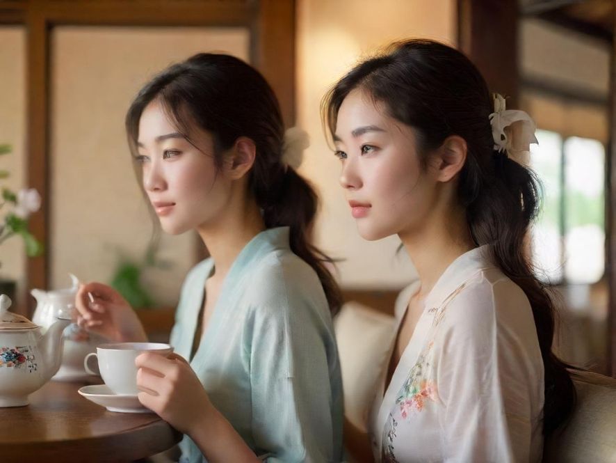 一位气质优雅的品茶女子侧面特写，在私密会所中营造唯美意境。