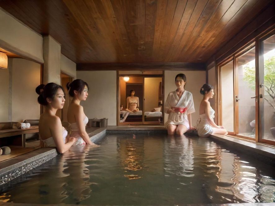 日式汤泉室内，宽敞的温泉池边有日式风格的装饰，营造出宁静的氛围