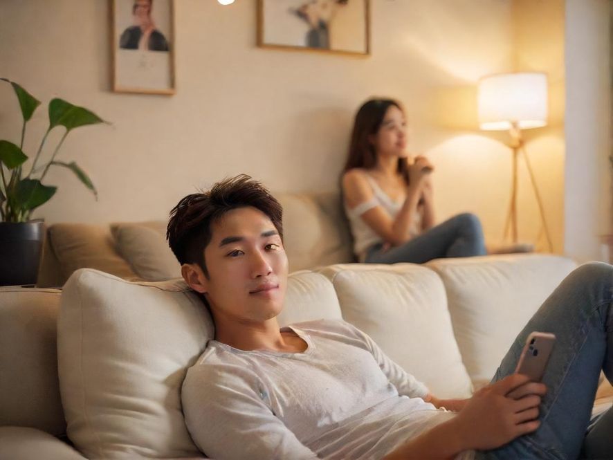 一位男士在舒适的公寓沙发上，侧身专注于平板电脑，屏幕散发出柔和的光芒，营造出一种温馨而私密的休闲氛围。