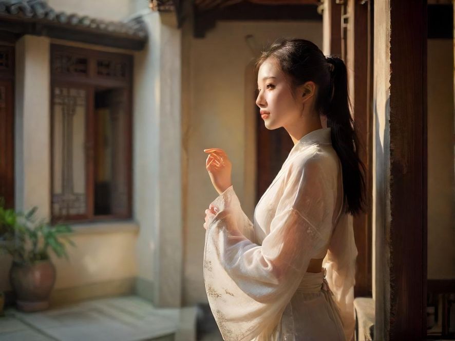 一位气质优雅的女子在古色古香的茶室中品茶