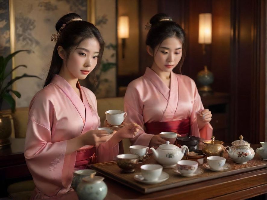 一套精美的中式茶具在奢华的茶室背景下，光线柔和