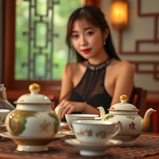 一套精致的茶具在柔和灯光下