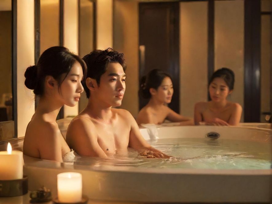 一位男士在豪华套房内享受放松，侧面近景展现温暖舒适的氛围。