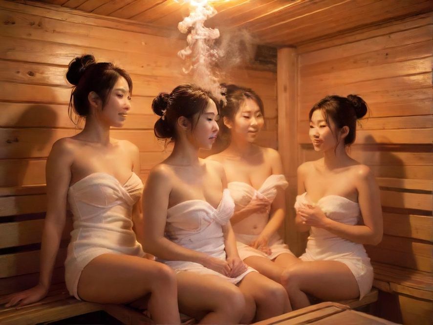 桑拿房内，蒸汽氤氲，木质结构营造出温暖舒适的氛围，让人感到放松。