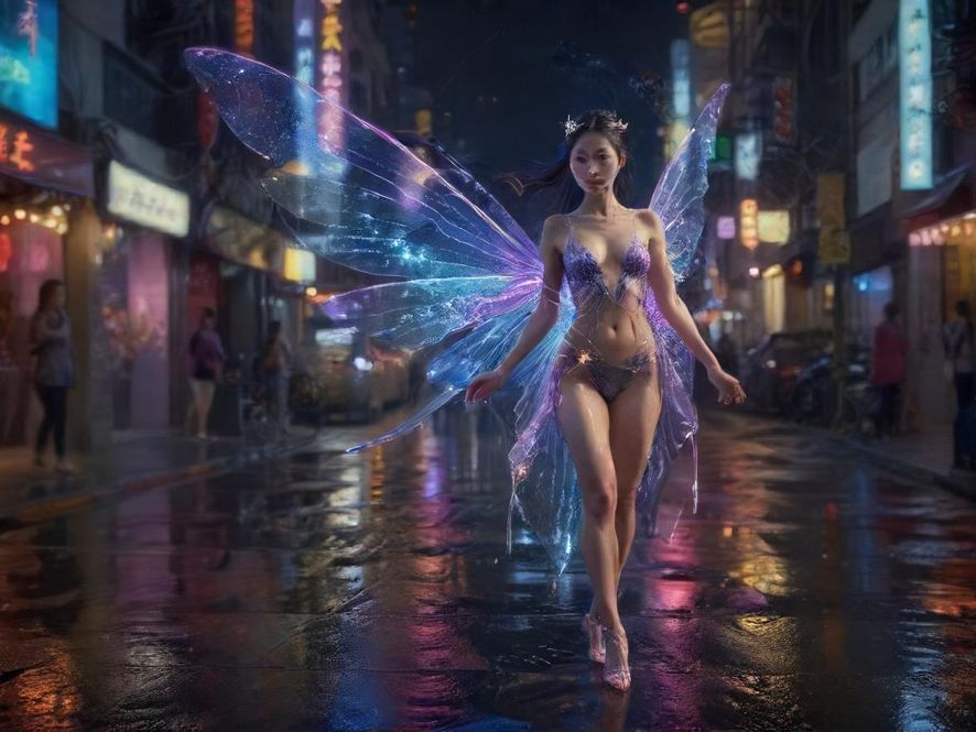 繁华都市的夜晚，霓虹灯光璀璨，车流模糊，展现城市活力