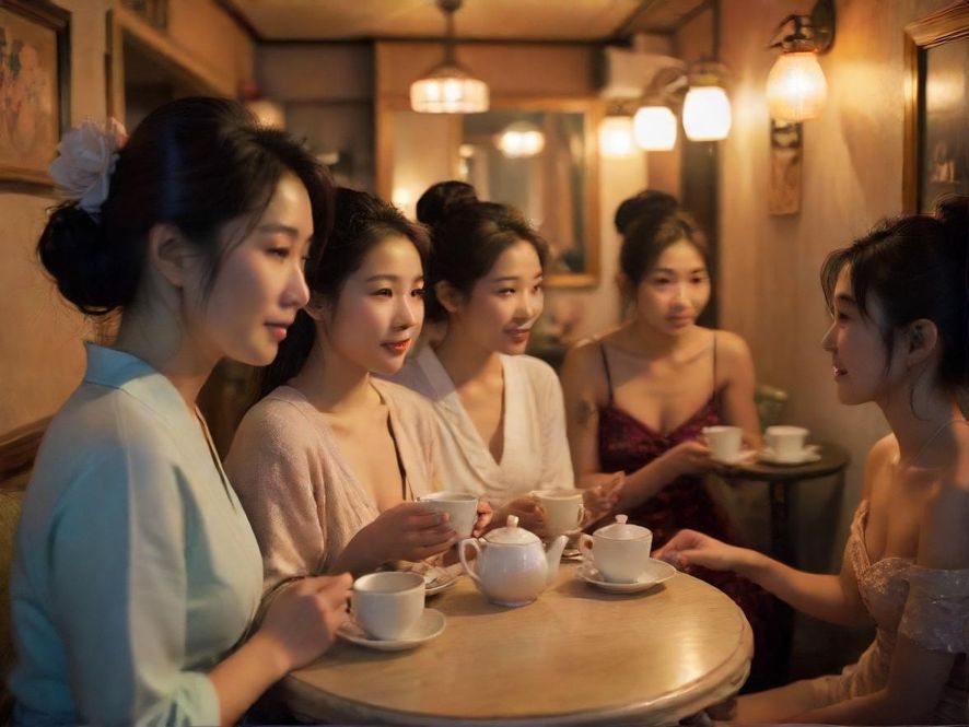 熟女与友人茶室交谈温馨场景