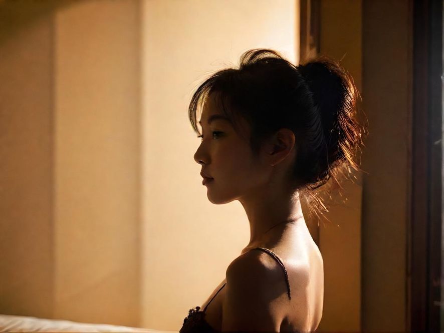 一位东方女性的侧面剪影，光线柔和，营造出神秘而优雅的氛围