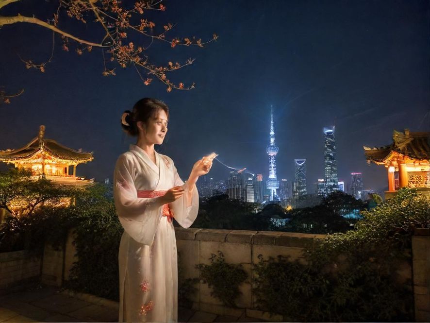 广东城市夜景下的居民楼群