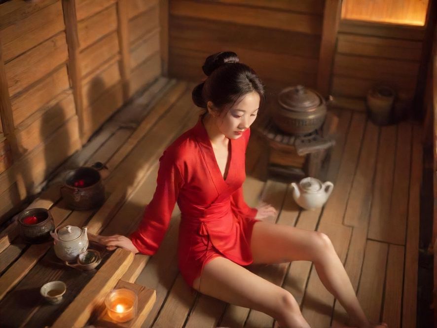 花都一家桑拿会所休息区内，一套精致的茶具在暖色灯光下显得格外诱人。