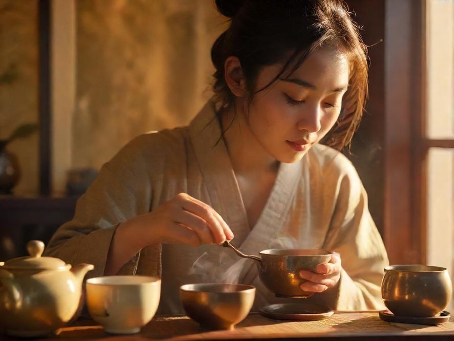 一位茶艺师正专注地进行茶道表演，特写镜头展现其平静而专业的面容，暖色调的光线和禅意的茶席背景营造出浓厚的艺术氛围。