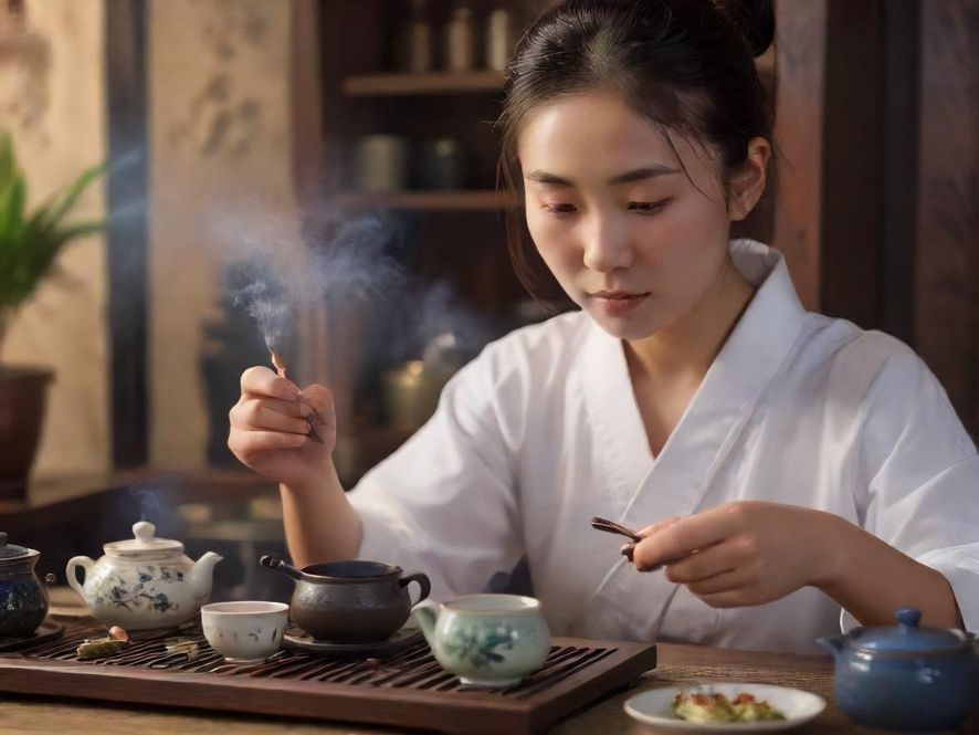 一位茶艺师正在专注地冲泡茶水，她的神情认真而优雅，面前摆放着一套精致的传统茶具，桌面整洁有序。