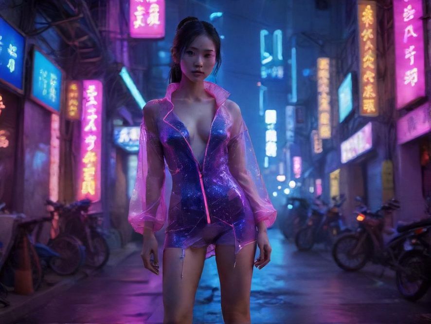 广州夜生活街景，霓虹灯闪烁，充满赛博朋克风格，位于城市中心