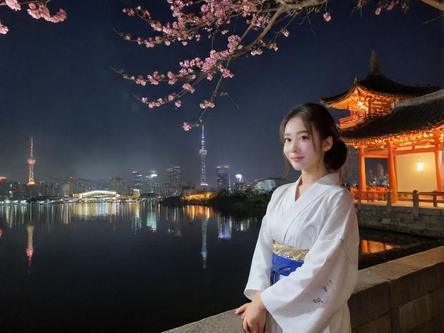 一位身着时尚休闲装的都市女性，侧对着镜头，漫步在华灯初上的现代都市街头，背景是流光溢彩的城市夜景，展现出一种轻松而充满探索欲的氛围。