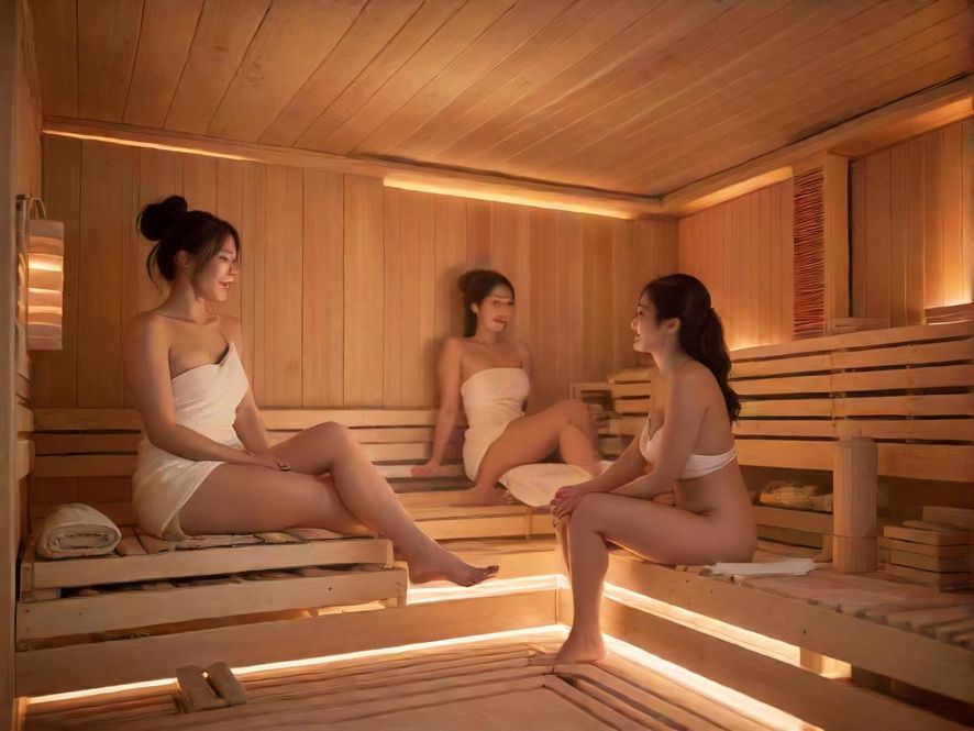 两位女性朋友在宽敞明亮的桑拿房内,享受着轻松愉悦的时光,现代设计感十足。