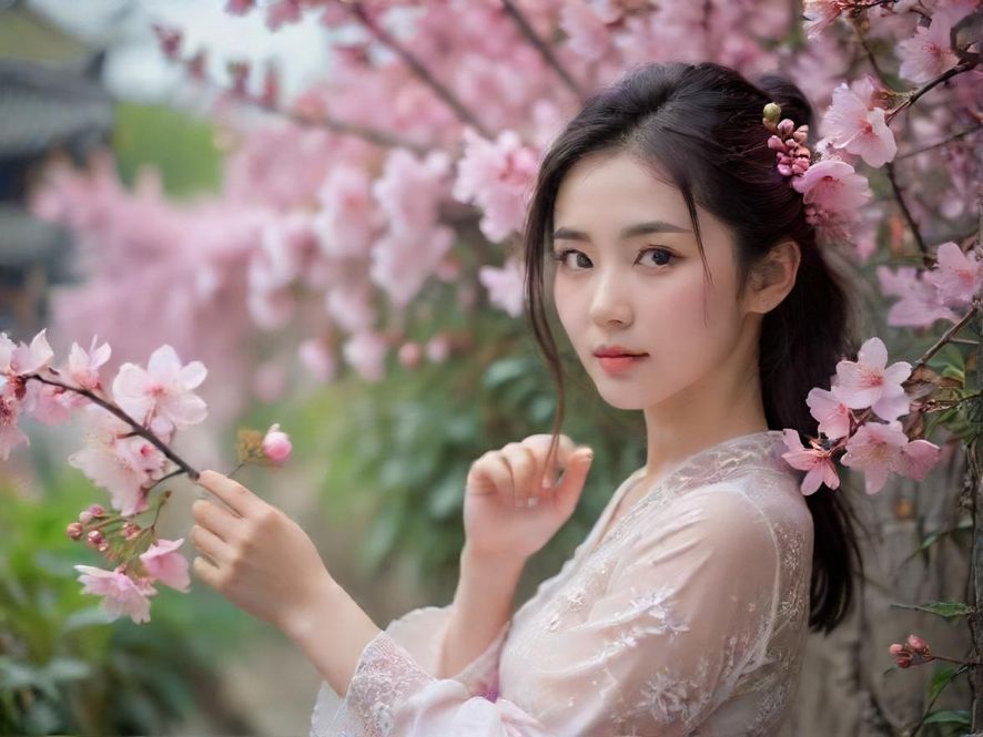 一位女士在花海旁的咖啡馆里安静地阅读，享受阳光与花香