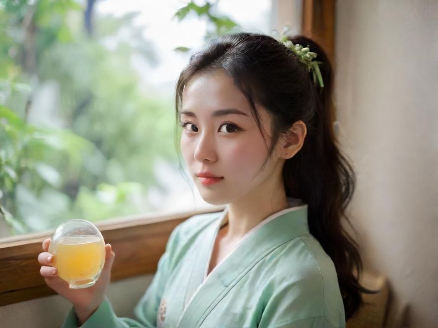 一位气质优雅的女士在温馨茶室中品尝香茗，享受片刻宁静。