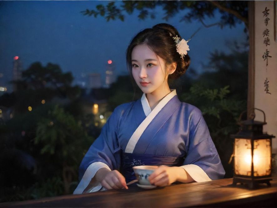 一位气质优雅的女子背影，侧面视角，在窗边品茶，窗外是朦胧的南京城市夜景。