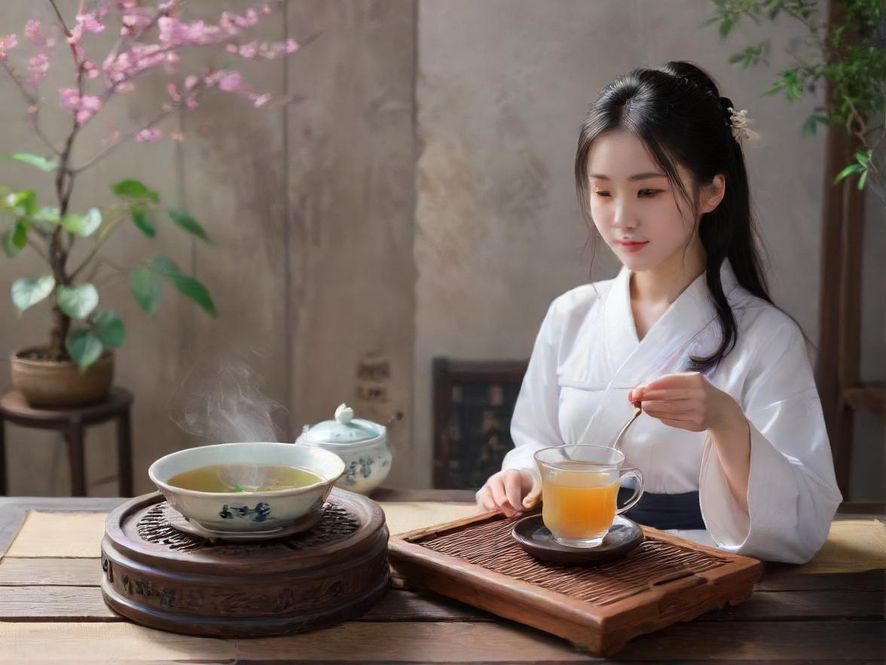 一位女子在雅致茶室中品茗，享受宁静时光