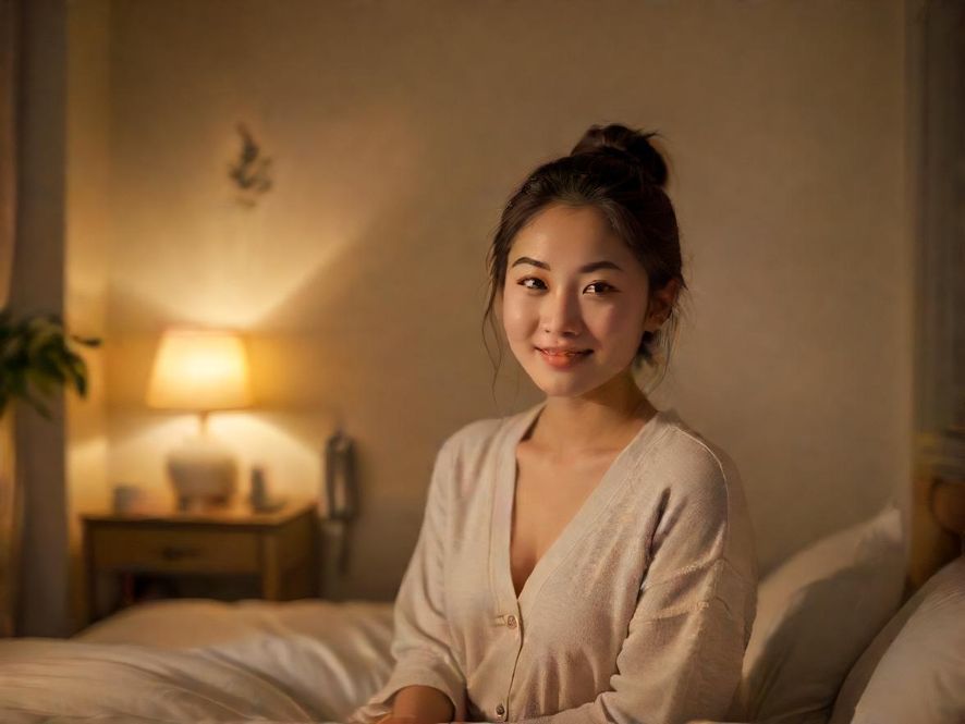 一位面带微笑的亚洲女性在温馨柔和灯光的茶室中，亲切地望着镜头，营造出放松的氛围。