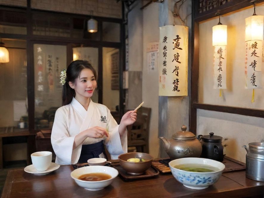 一位女士在舒适的书店阅读区，享受着一杯下午茶，阳光透过窗户洒在她身上。