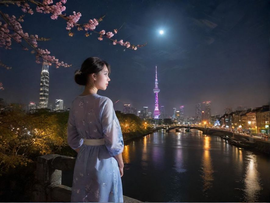 一位面带微笑的都市女性在柔和的灯光下享受宁静的夜晚