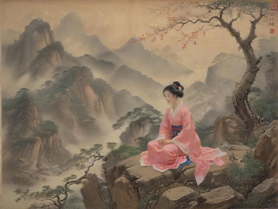 一个女孩在山顶日出时分,面朝阳光,双臂舒展,享受着明亮活泼的自然风光,象征着摆脱不开心,迎接新生的喜悦。