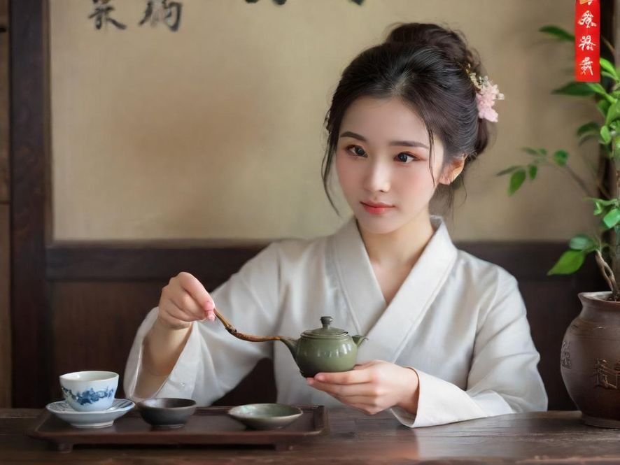 一位年轻女士坐在传统中式茶馆的窗边,手持手机,侧面入镜,神情专注地浏览信息,背景是温馨雅致的茶馆内部陈设。