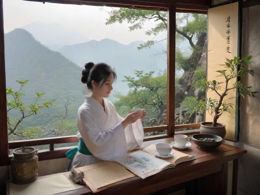 佛山雅致茶室中一位女子正在品茶,茶具精致,氛围温馨