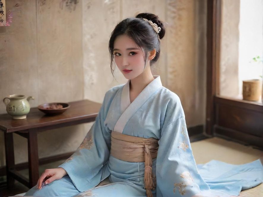 一位优雅的女性在舒适的茶室中沉思，光线柔和，氛围宁静，暗示着高品质的休闲与思考空间。