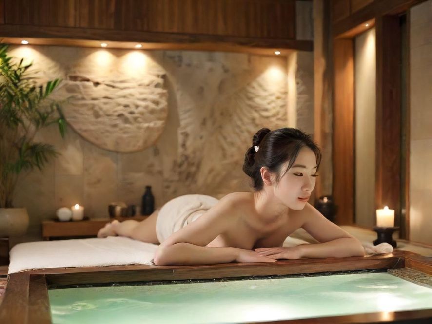 深圳一家环境优雅的SPA会所内部，柔和的灯光营造出温馨的氛围，现代简约的设计风格中点缀着绿植，让人感到放松和舒适。